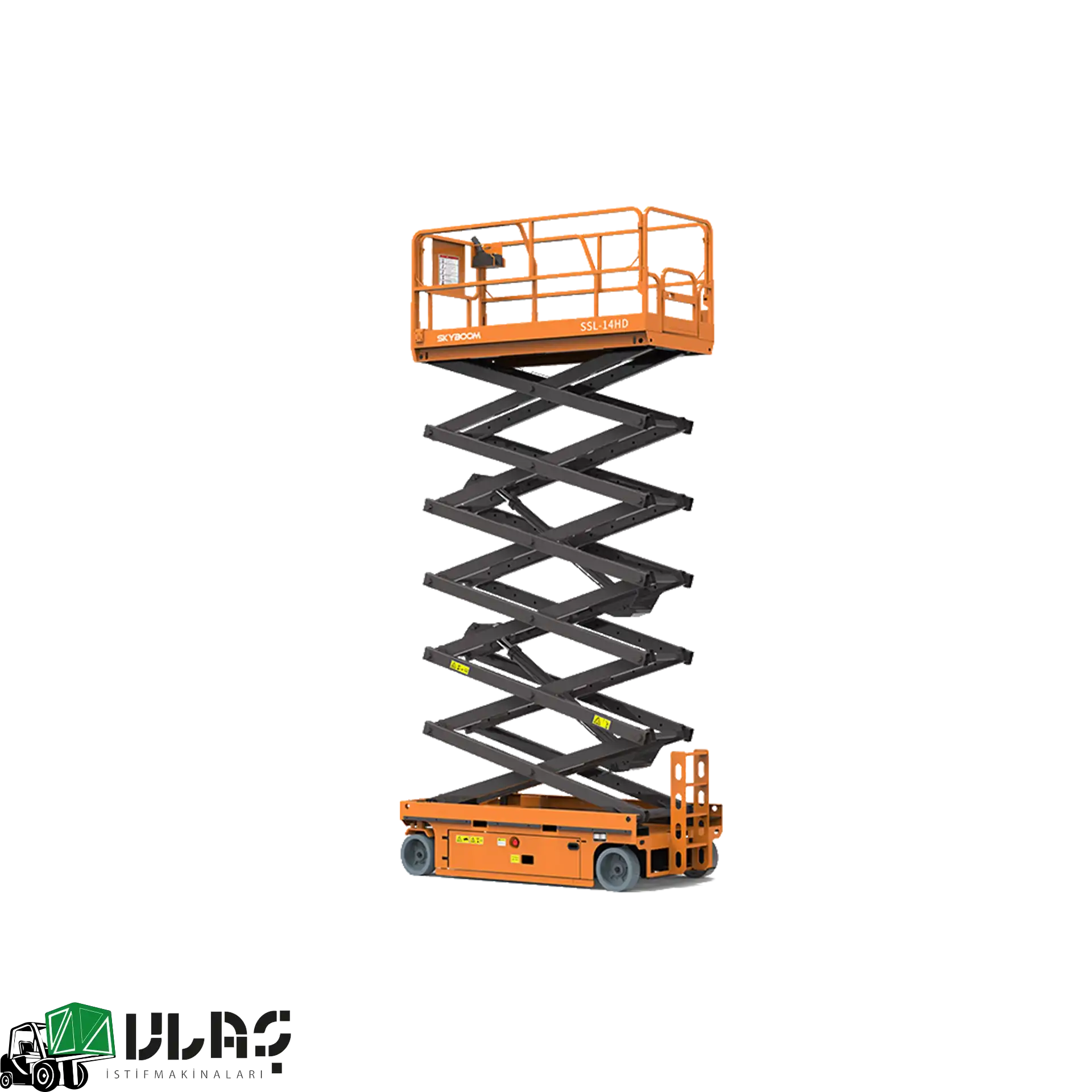 16 metre çalışma yüksekliğine sahip akülü makaslı platform — geniş çalışma yüzeyi, sağlam makas yapısı, uzatılabilir güverte ve yüksek denge merkeziyle profesyonel kullanım için tasarlanmış endüstriyel iş platformu görseli.